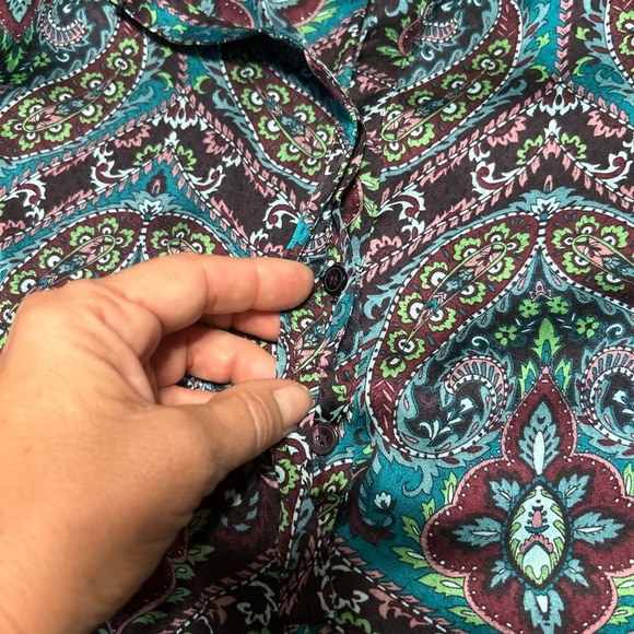 Talbots Teal and Black Patterned Blouse Size Large - Picture 3 of 11